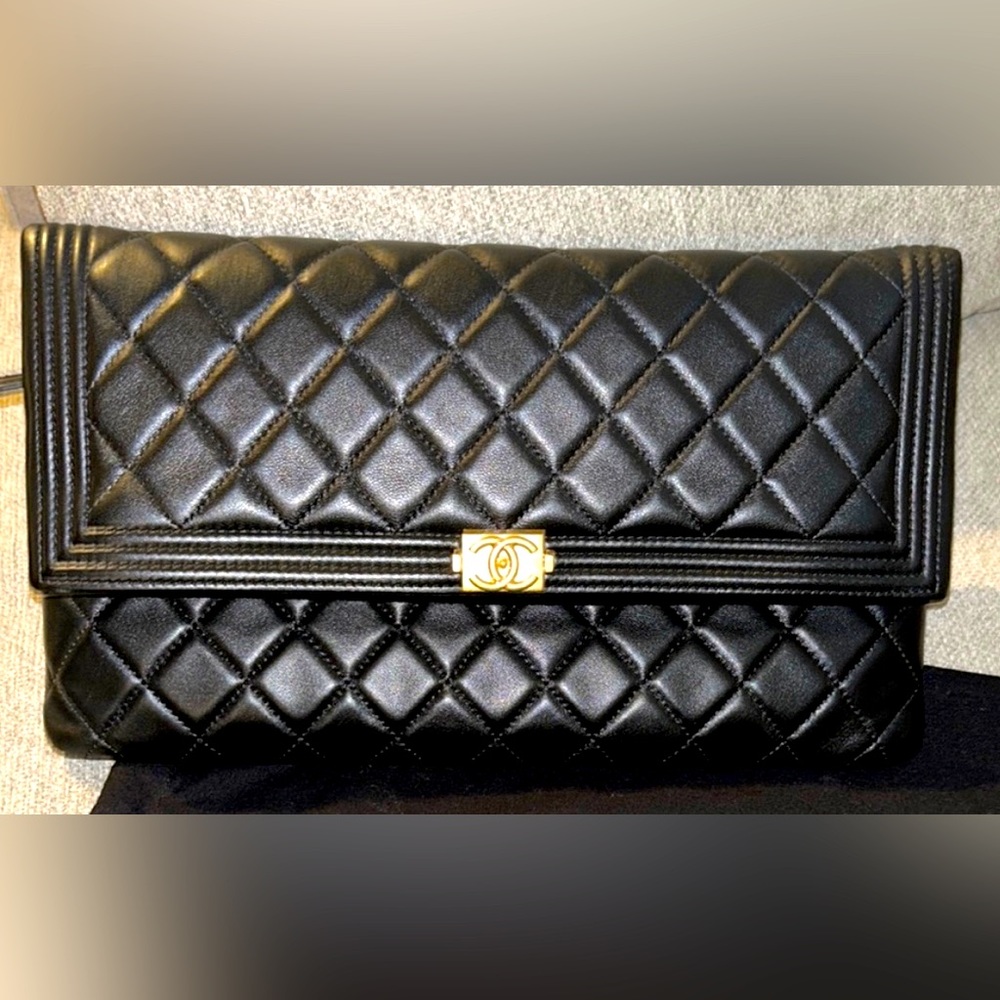 Brand New Black Chanel Foldover Boy Clutch
